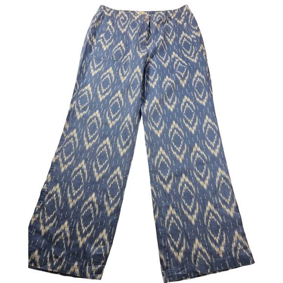 Chicos 1.5 (10) 100% linen pants geometric chambray blue high rise wide leg - Picture 1 of 10